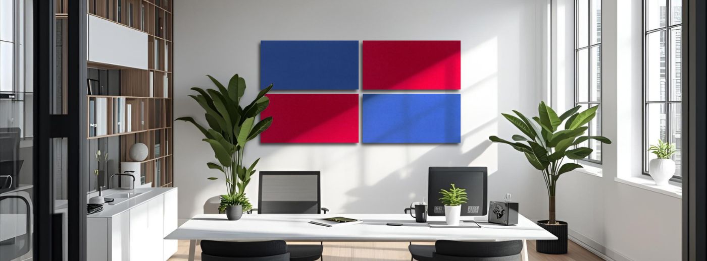 Éléments acoustiques de couleur rouge design et bleu roi avec surface en feutre dans un bureau