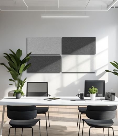 Éléments acoustiques FELT en gris graphite marbré et gris clair marbré comme isolation acoustique dans les bureaux modernes