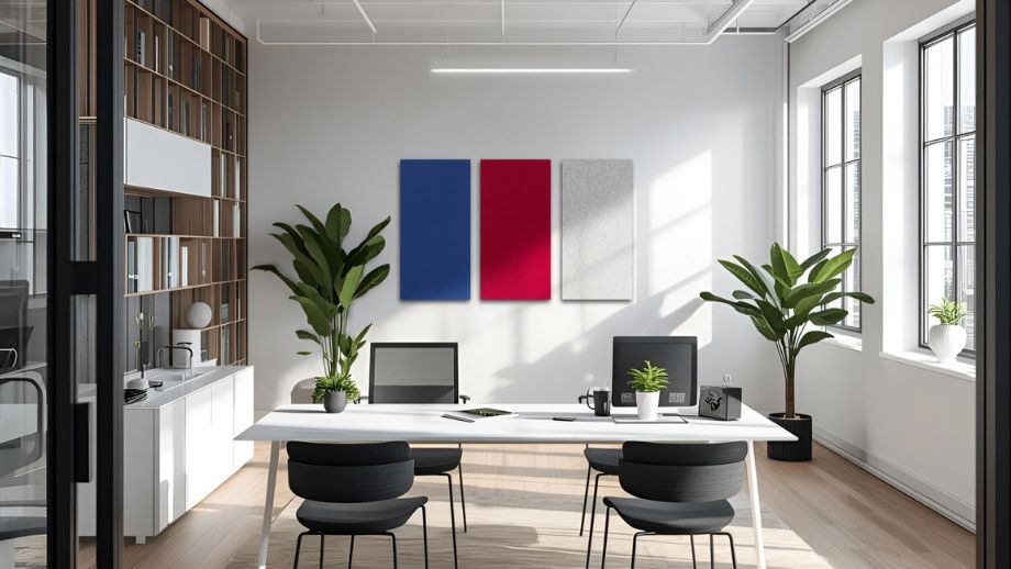 Éléments acoustiques verticaux en bleu, rouge et gris clair dans le bureau