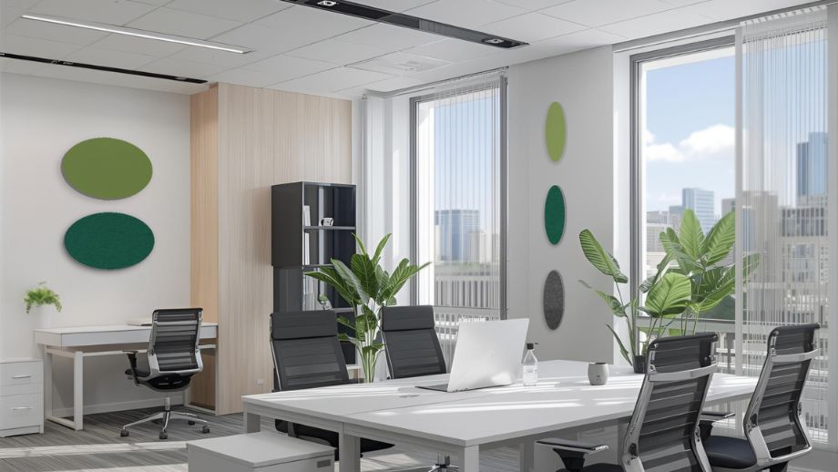 Absorbeurs acoustiques ronds avec surface en feutre dans un bureau
