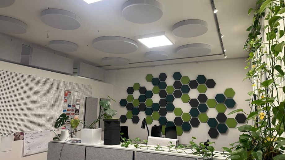 Divers absorbeurs acoustiques aixFOAM sur les murs et le plafond du bureau