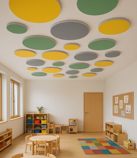 Absorbeurs acoustiques FELT Drops Mix & Match au plafond d'une crèche